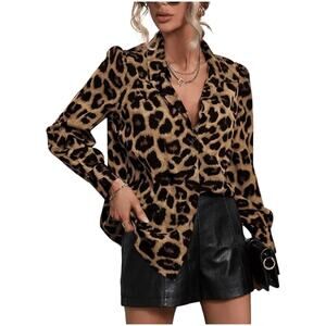 CBI Women's Large Brown Animal Print Front Button Mob Wife 90's Cotton Shirt